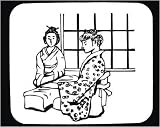 Mouse Pad with black and white, robes, Asia, women, sitting, traditional dress, pair, table, kimonos, window, Japan