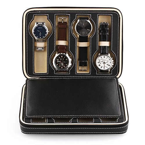 Amzdeal 8 Slot Zippered Traveler's Watch Bracelet Bangle Display Storage Case, Black