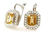 18K White Gold Earrings with European Leverback, Enhanced with Citrine and surrounded by Diamond Accents