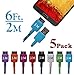 Josi Minea® 5 Pcs Fabric Braided Premium High Quality Ruggedized Micro USB 3.0 Rainbow Cables 6 Feet / 2 Meter Charger Sync Data Rapid Charging Cable USB Cord Wire for Samsung Galaxy S5 / SV / i9600 and Galaxy Note 3 / III / N9000 / N9001 - 6Ft/2M (5 Pack)