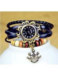KANO BAK(TM) Fashion Weave Wrap Around Leather Retro Bracelet Woman Girl Man Royal King Crown Wrist Gift Watch Black