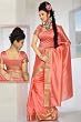 Peach Pink Art Silk Saree Sari fabric India Golden Border