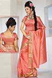 Peach Pink Art Silk Saree Sari fabric India Golden Border
