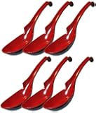 Happy Sales Melamine Soba, Rice Spoons, Chinese Won Ton Soup Spoon, Asian Red and Black, 6-Pack Notch & Hook Style