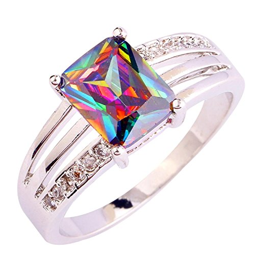 Psiroy 925 Sterling Silver Stunning Created Gorgeous Women's 8mm*6mm Emerald Cut CZ Rainbow Topaz Filled Ring