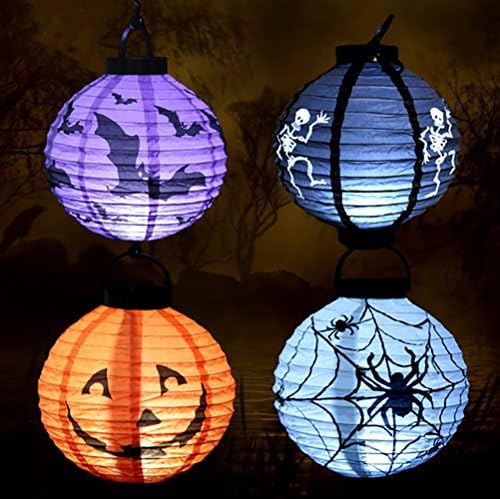 CountyLinen Halloween Decorations Paper Lanterns with LED Light, 4 Pack - Skeleton,Bats,Jack-O,Spiders