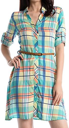 Women Plaid Flannel checkered Print Shirt Dress Belted Roll Up Short Sleeve Top (M, Mint)