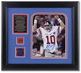Eli Manning New York Giants- Super Bowl XLII Champs - Framed Autographed 8x10 Photograph with Game Used Football, Pin and Plate