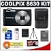 Nikon Coolpix S630 12 Megapixel Digital Camera (Jet Black) with 7x Optical Zoom + EN-EL12 Battery + 8GB Card + Leather Case + Accessory Kit