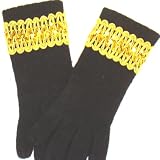 Imported One Size Black Angora Gloves Reinforced By Nylon Fibers Hand Trimmed with Gold Sequin Ribbon