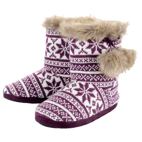Ladies Purple Knitted Fairisle Bootie Slippers With Faux Fur Pompoms - UK 6