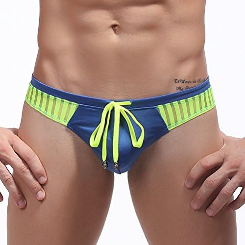 ZIHAN Men's Mesh Splice Swimsuit Tie Thong Briefs Medium Deep Blue