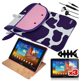 Premium 3 Packs of LCD Clear Screen Protector + COCO the Cow Memory Foam Case + Black Earphone Headset With MIC+ +Fishbone Holder + Pink 360 Degree Leather Case For Samsung Galaxy Tab 10.1 P7510 By Buhbo