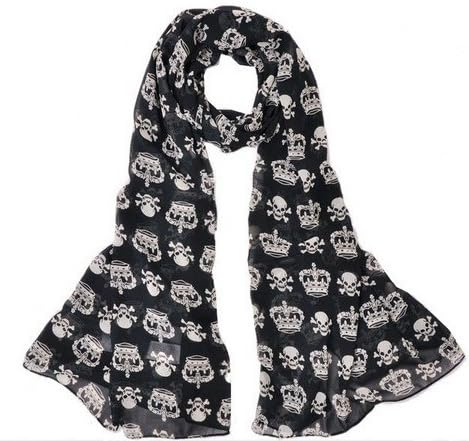 Simplifestyle Lady Girl Women Fashion Long Soft Wrap Lady Shawl Skull Crown Print Chiffon Long Scarf Scarves Stole - Black