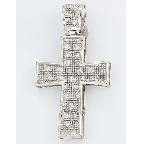 Sterling Silver Micro Pave White Diamond Mens Hip Hop Religious Cross Pendant (1.00 cttw, I1-I2)