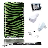Zebra Strong Case for Apple iPod touch 32 GB (3rd Generation) NEWEST MODEL + 3 in 1 Combo kit includes a Retractable USB Cable, Home and Car Charger + Includes iTouch Screen Protector Guard + includes a 4-inch eBigvalue Determination Hand Strap (Green Zebra)