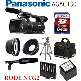 Panasonic AG-AC130 AVCCAM HD Hand-Held Camcorder + Rode NTG2 Condenser Shotgun Microphone + 3-Pin XLR Male to 3-Pin XLR Female Audio Cable + Panasonic Spare VW-VBG6 Battery Pack + 64GB Card + 0.45X Wide Angle Lens + 2x Telephoto Lens + Case + Tripod + Led Light + Travel charger + UV + CPL FILTER