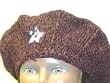 B42, Hand Crocheted Dark Brown Chenille and Gimp Tweed Beret with Star American Flag for Men Women and Teens
