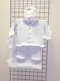 Cpk641bk, Knitted on Hand Knitting Machine Finished By Hand Crochet White and Blue Tweed Infant Boys Cardigan Pant Hat Set Trimmed with Antique Brass Teddy Bear Buttons and Matching Blanket