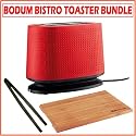 Bodum Bistro 2-slice Toaster w/ Bagel & Bun Warmer in Red + Bamboo Cutting Board and Tongs