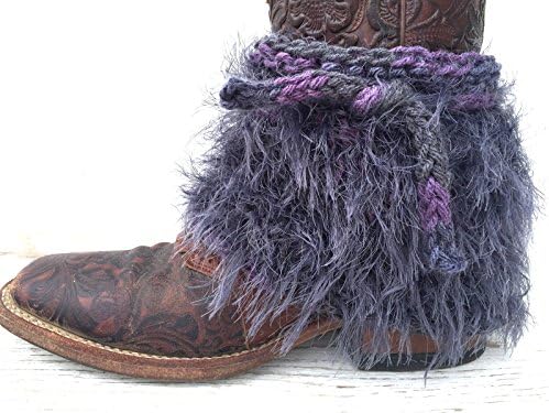 Boot Covers, Purple and Grey Boots, FUR BOOT COVERS, Hand Knit Boot Cuffs, Cowgirl Boot Covers, Grey Fur Boot Covers