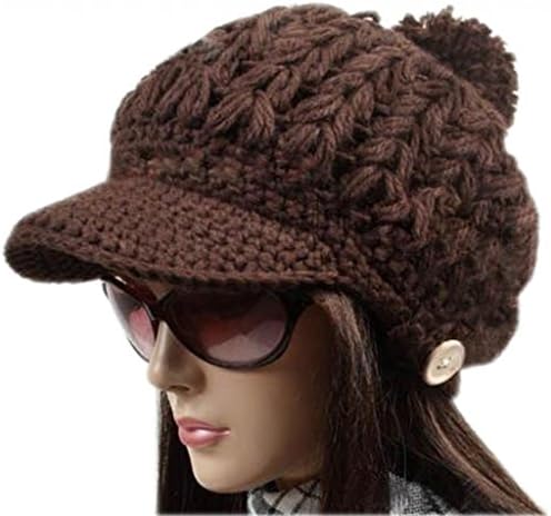 Vwhite Womens Winter Solid Button Design Knit Peaked Caps Skull Crochet Hat Cap Coffee