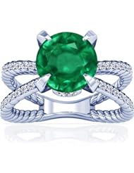 18K White Gold Round Cut Emerald Ring With Sidestones