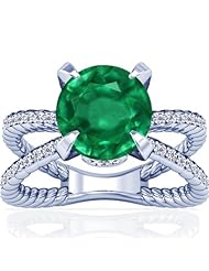 14K White Gold Round Cut Emerald Ring With Sidestones