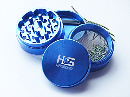 Herb Grinder with Pollen Catcher - Blue Herb Grinder - Spice and Tobacco Grinder 4 Piece Chamber and Scraper. H & S Grinder. Made of Premium Quality Materials with Free Herb and Spice Ebook.
