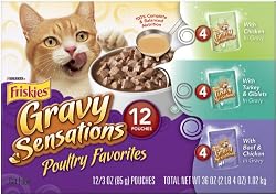 Friskies Cat Food Poultry Favorites 3-Flavor Variety Pack, Gravy Sensations, 3-Ounce Pouches (Pack of 24)