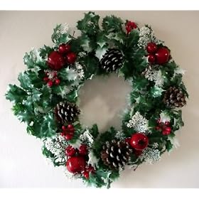 Artificial Plastic Holly & Pomegranite Decorative Wreath - 45cm, Green & Red