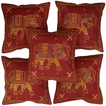 Vintage Cotton Cushion Cover Red Indian Ethnic Elephant Embroidered Pillow Shams 40x40 Indian Style Set Of 5 Throw Pillows By Rajrang