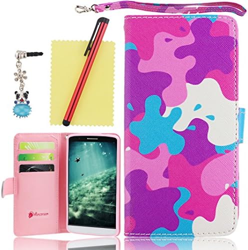 Ancerson® PU Leather Wallet Case for LG G3 D855 Colorful Printed with a Removable Hand Strip Magnet Buckle Built-in Credit/ ID Card Slot Pocket Stand Protective Flip Folio Shell Free with a Red Stylus Touchscreen Pen, a 3.5mm Universal Crystal Diamond Rhinestones Bling Lovely Blue Panda Silvery Flower Pendant Dust Plug and a Cleaning Cloth - Retail Package (Blue Purple Hot Pink Camouflage)