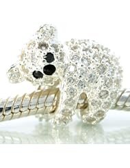 .925 Sterling Silver " Jeweled Koala Bear w/ Clear Cz " Charm Bead Spacer Compatible with Pandora Chamilia Troll Bracelet