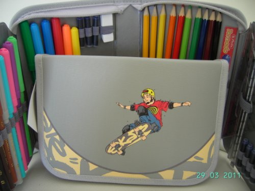 Federtasche 50 Teile gefüllt grau: Federmappe,Federmäppchen,Etui,Schüleretui 