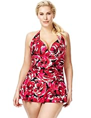 Plus Halterneck Ruched Floral Skirt Swimsuit