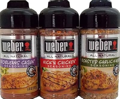 Weber All Natural Seasoning Blend 3 Flavor Variety Bundle: (1) Weber N'Orleans Cajun Seasoning Blend, (1) Weber Roasted Garlic & Herb Seasoning Blend, and (1) Weber Kick'N Chicken Seasoning Blend, 5.0 - 5.5 Oz. Ea.