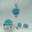 Blue Turquoise Carved Flower Pendant Necklace 16", earrings & Ring Set in Platinum Overlay Sterling Silver