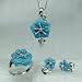 Blue Turquoise Carved Flower Pendant Necklace 18", earrings & Ring Set in Platinum Overlay Sterling Silver