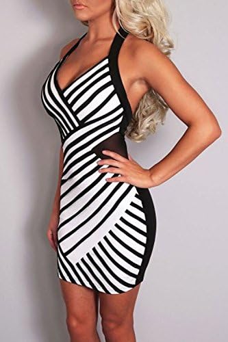 Taoko Womens Sexy Mini Black and White Halterneck Striped Dress Party Club Wear (M)