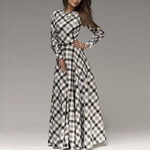 Froomer Women Empire Waist Dress Plaid Maxi Long Sleeve Party Gown Slim Dress