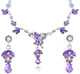 Amethyst Purple Teardrop Rhinestone SWAROVSKI CRYSTALS Flower Silver Flower Necklace And Earring Jewelry Set
