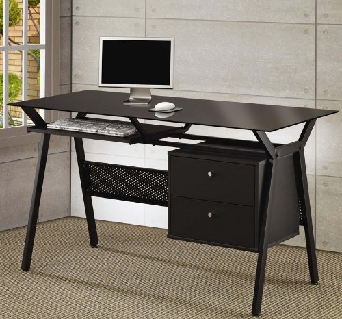Computer Desk with Black Glass Top in Black Powder Coated Metal