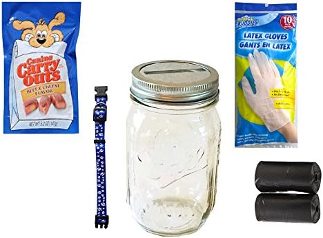 Bundle: Gift for the Dog Lover- Mason Jar 32oz Filled with 1 Bag Dog Treats, Doggy Waste Bags, 1 Small Dog Collar and Vinyl Gloves- Including Slotted Lid Converting Jar Into Dog Waste Bag Dispenser