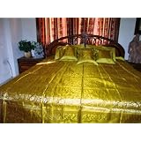 7pc Peacock Motif Bedspread Golden Yellow Brocade Silk Bedding King