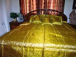 7pc Peacock Motif Bedspread Golden Yellow Brocade Silk Bedding King