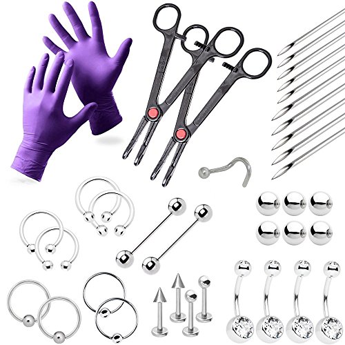 38-Piece Professional Piercing Kit - Lip, Nipple, Belly, Eyebrow, Tongue, Ear Piercing Jewelry - Needles, Gloves and Tools Included