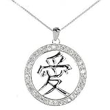 Sterling Silver Chinese LOVE Symbol Pave CZ Circle Pendant on 16-18in Adjustable Necklace