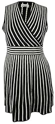 V-neck Striped Print Flared-Skirt Acrylic/Knit  Dress