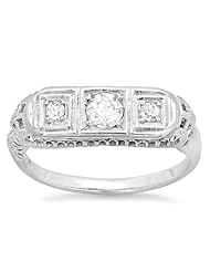 14k White Gold Three Diamond Ring Art Deco (0.40 cttw)